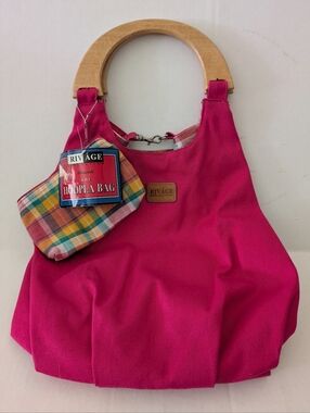 Rivage Collection Hoopla Reversible Bag w/Wooden Handle.Pink/Plaid.Nwt